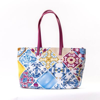 Shopper in cotton canvas and leather handles - print