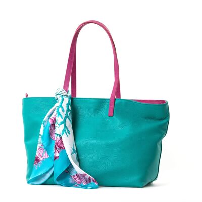 Shopper aus Leder mit Griffen und kontrastierendem Futter und Aqua Color Foulard