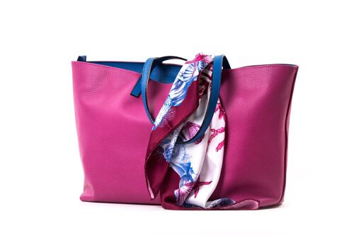 Shopper in pelle con manici e fodera a contrasto e foulard Colore Lampone