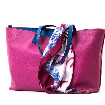 Leather shopper with handles and contrasting lining and Raspberry color foulard