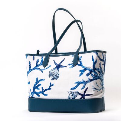 Shopper in leather and cotton canvas with maxi pochette Color Blue