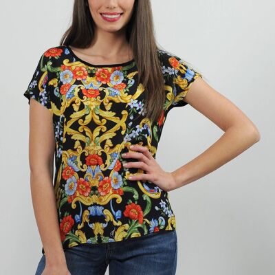 T-shirt en crêpe de Chine de soie et jersey - imprimé baroque coloris Noir-Or