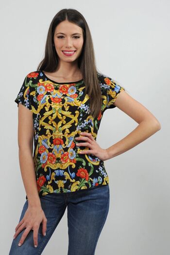 T-shirt en crêpe de Chine de soie et jersey - imprimé baroque coloris Noir-Or 1