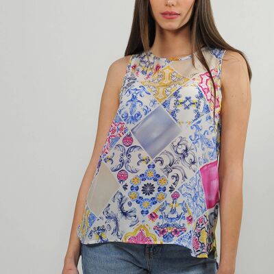 Camiseta de tirantes en crepe de china de seda asimétrica con aberturas Color Azul-Frambuesa