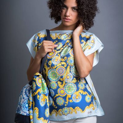 Silk crepe de chine foulard top - baroque print Blue-Yellow color