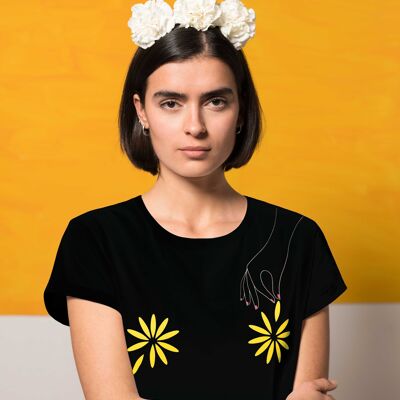 T-shirt noir en coton bio fleuri