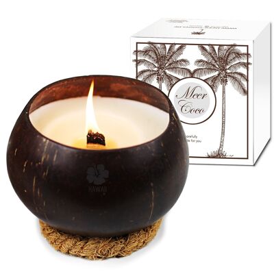 Scented candle in coconut shell incl. coaster, tropical fruit scent