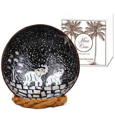 Tazón de coco con diseño de mosaico de elefante, negro