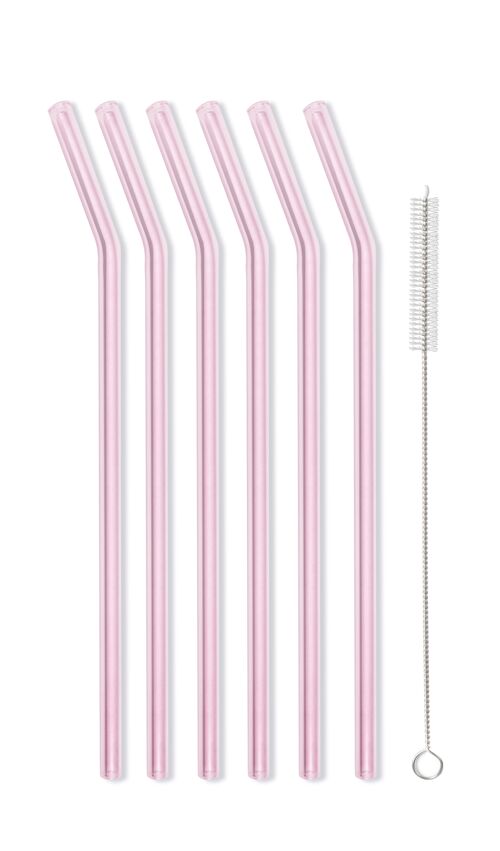 SET of 6 glass straws pink curved 23cm AMO 6636