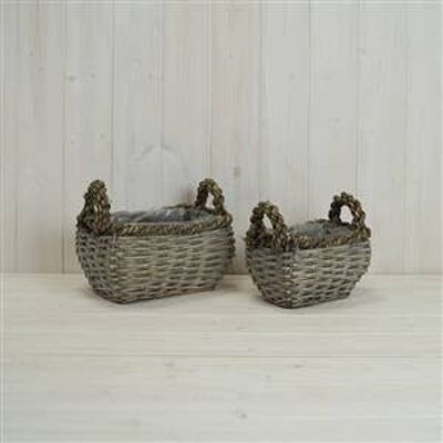 Set Of 2 Grey Oval Willow Baskets With Handles 24.5cm