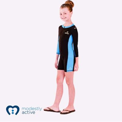 Kinder Short Leg Long Sleeve All in One Sun Safe Aqua/Schwarz (AM622)