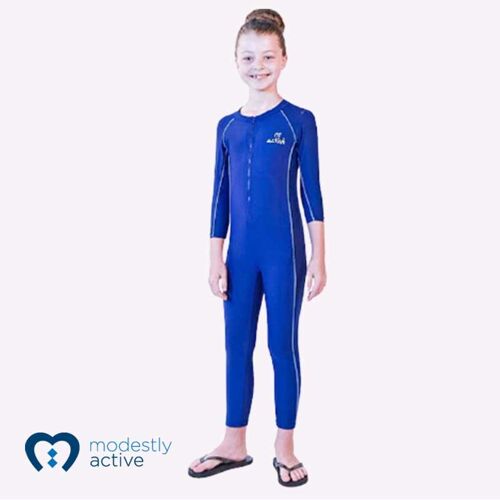 Childrens S/Sleeve L/Leg All in One Sliver M Logo Deep Navy/Aqua Contrast Piping (AM626)