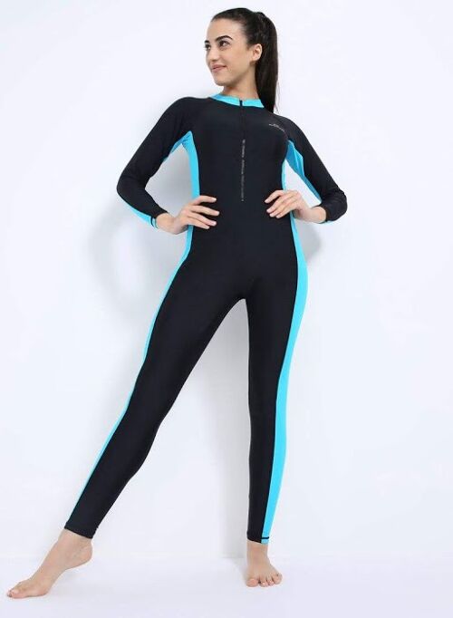 Long Leg, Long Sleeve All-in-one Swimwear Gold M Active Logo Charcoal Black Sea Aqua Panel (AM6015)