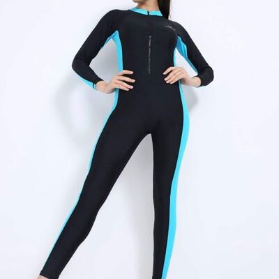 Long Leg, Long Sleeve All-in-one Swimwear Gold M Active Logo Charcoal Black Sea Aqua Panel (AM6015)