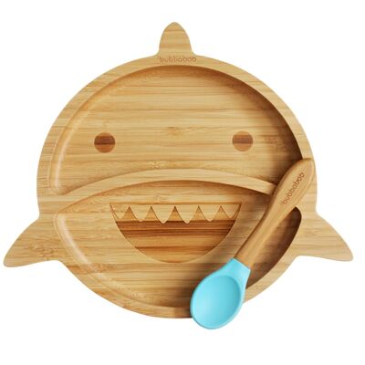 Juego de plato y cuchara de tiburón de bambú Bubba Boo_Azul