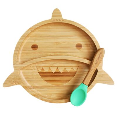 Juego de plato y cuchara de tiburón de bambú Bubba Boo_Verde