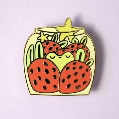 Strawberry Jar Frog Pin - Gold Metal - Froggy Decorative Collector Pins - Cute Novelty Pins - Hard Enamel Pin