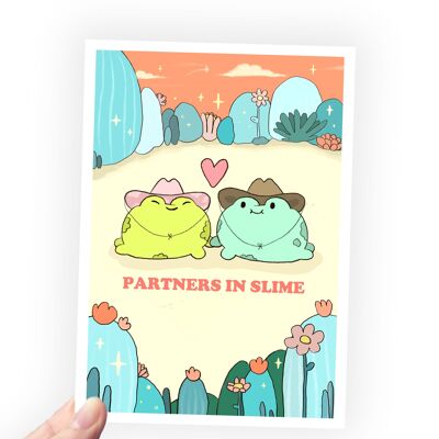 Froggy Love Postkarte - Partners in Slime - Postkarten mit Froschmotiven - Senden Sie eine Froschpostkarte an einen Freund - Vorderseite mit unbedruckter Rückseite