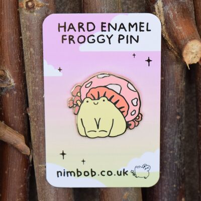 Pink Mushroom Frog Pin - Gold Metal - Froggy Decorative Collector Pins - Cute Novelty Pins