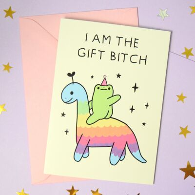 Frog Birthday Card  - I am the gift - Cute Froggy Dinosaur - Rainbow - Toad Lover Celebration Greeting Card