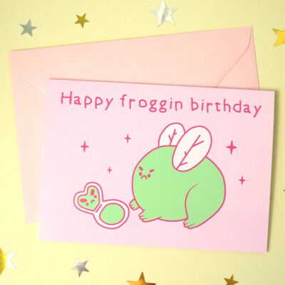 Frog Birthday Card  - Happy Froggin Birthday - Grumpy Froggy Mirror - Pink - Toad Lover Celebration Greeting Card