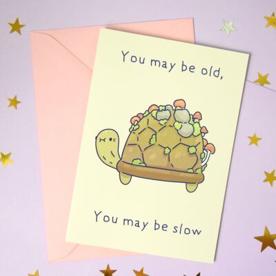 Scheda di compleanno della tartaruga del giorno dei padri - Tartaruga del bosco vecchio - Funghi - Divertente - Biglietto d'auguri per la festa del papà felice