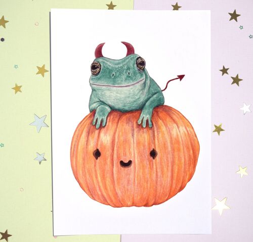 Pumpkin Halloween Frog Print - Handmade drawing Print - A5 - Home Decor - Frog Lover Art - Halloween Wall Art - Spooky Decor