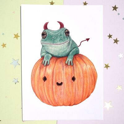 Stampa della rana di Halloween della zucca - Stampa di disegno a mano - A5 - Oggettistica per la casa - Arte dell'amante della rana - Arte della parete di Halloween - Decorazione spettrale