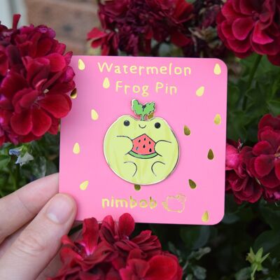 Watermelon  Frog Pin - Gold Metal - Summer - Froggy Decorative Collector Pins - Cute Novelty Pins
