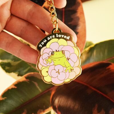 Pansy Frog Enamel Keyring - You Are Loved - Cute Novelty Love Gold Ring Summer