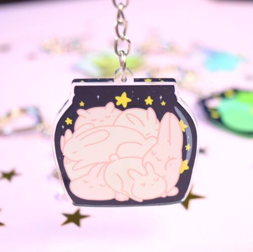 Sleepy Bunnies Jar Keyring - Magic Frog Accessory - Acrylic Charm - Silver Ring