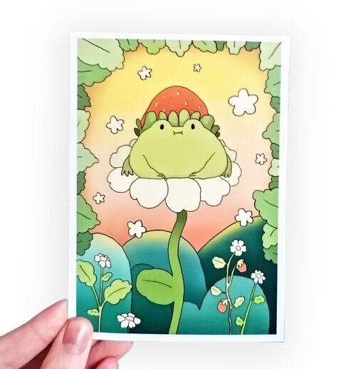 Strawberry Frog Postcard- Flower Froggy print - Frog themed post cards - Send a frog postcard to a friend - blank back printed front