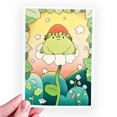 Carte postale de grenouille aux fraises - Impression de grenouille de fleur - Cartes postales sur le thème de la grenouille - Envoyez une carte postale de grenouille à un ami - devant imprimé au verso vierge
