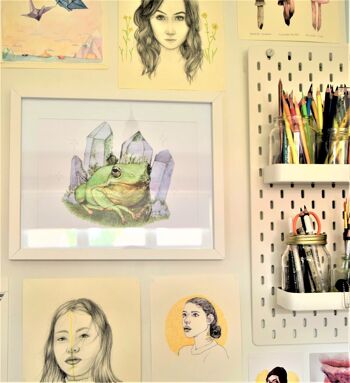 Magic Frog A5 Print - Crystals - Hand Drawn Pencil Drawing Print - Paysage - Home Decor - Frog Lover Art - Room Art 5