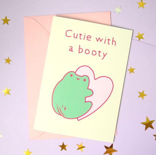 Frog Friendship Love Card  - Cutie with a booty - Cute Froggy holding heart - Pink - Toad Lover Celebration Greeting Card