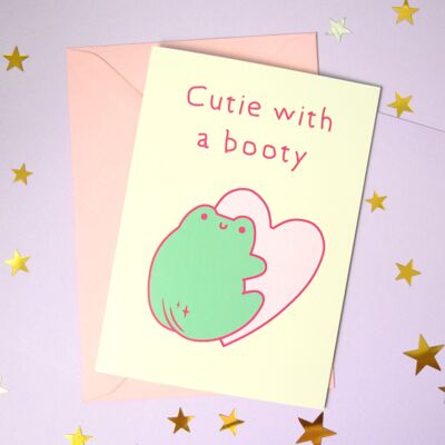 Frog Friendship Love Card - Cutie con un bottino - Cute Froggy holding heart - Pink - Biglietto d'auguri per la celebrazione dell'amante del rospo