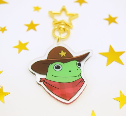 Cowboy Frog Keyring - Froggy Accessory - Acrylic Charm - Gold Star Clasp