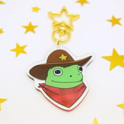 Cowboy Frog Keyring - Froggy Accessory - Acrylic Charm - Gold Star Clasp