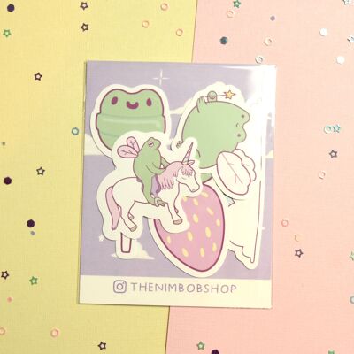 Lot de 5 autocollants Unicorn Rainbow Frogs - Ensemble d'autocollants colorés pastel - Fée - Pique-nique - Fraises - Couverture de carnet de croquis Autocollants pour ordinateur portable