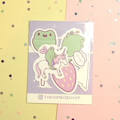 Confezione da 5 adesivi Unicorn Rainbow Frogs - Set di adesivi colorati pastello - Fata - Picnic - Fragole - Copertina per album da disegno Adesivi per laptop