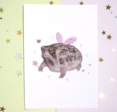 Grumpy Fairy Frog Print - Handmade Painting Print - A5 - Home Decor - Frog Lover Art