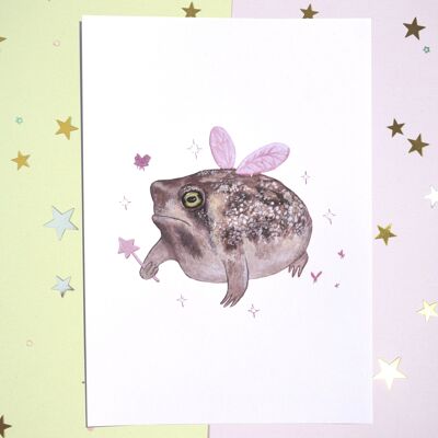 Grumpy Fairy Frog Print - Impresión de pintura hecha a mano - A5 - Decoración del hogar - Frog Lover Art