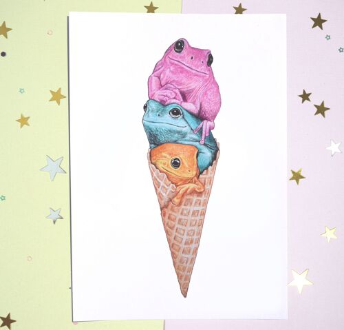 Froggy Sundae Print - Handmade Pencil Drawing - A5 - Home Decor - Frog Lover Art