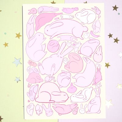 Sleepy Buns Print - Squishy Bunnies - Arte digital impreso profesionalmente - A5 - Decoración del hogar - Bunny Lover Art