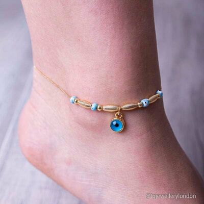 18 ct gold plated beaded evil eye anklet