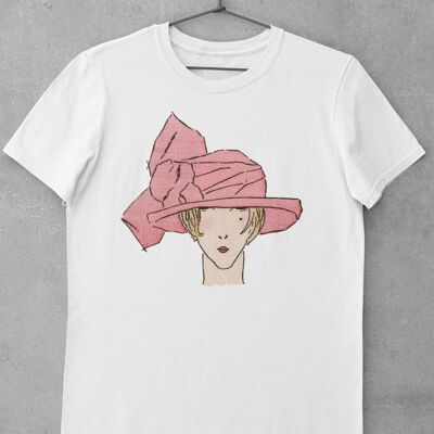 Art-Deco Graphic T-Shirt. 'Lady in Pink Hat' in White. Vintage, Unisex, Parisian, 1920's, Graphic Tee, Trendy 2021 Fashion. Christmas Gift