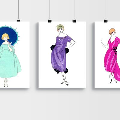 Art-Deco A2 Posters, Set of 3 - Pink, Purple, Blue Wall Decor, Unframed, Barcelona Paper, 1920's theme, Wall Art. Great Father's Day Gift