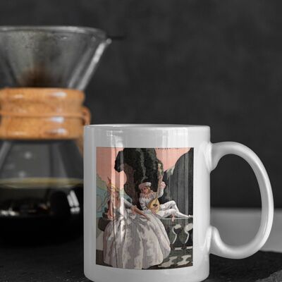 White Mug, 'Lady Being Serenaded' Mug, Art-Deco Coffee, Tea Cup