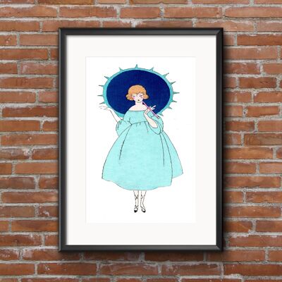 Art-Deco A2 Poster, ' Lady with Umbrella' Blue and White Poster, Unframed, Barcelona Paper, 1920's, Retro Wall Art. Great Father's Day Gift