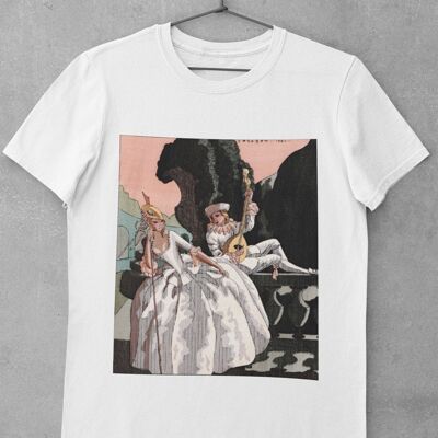 Graphic Art-Deco T-Shirt. 'Lady Being Serenaded' in White, Grey and Black. Vintage, Unisex, 1920's Tee, Aesthetic Trendy Retro 2022